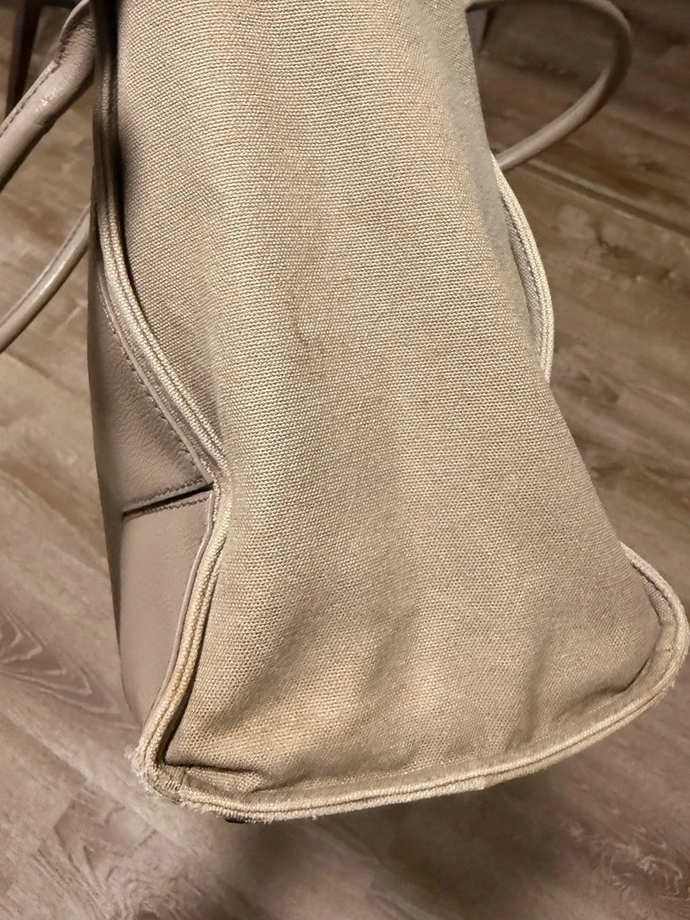 Tory Burch Leather Tote Bag Taupe Pebbled Double T Logo